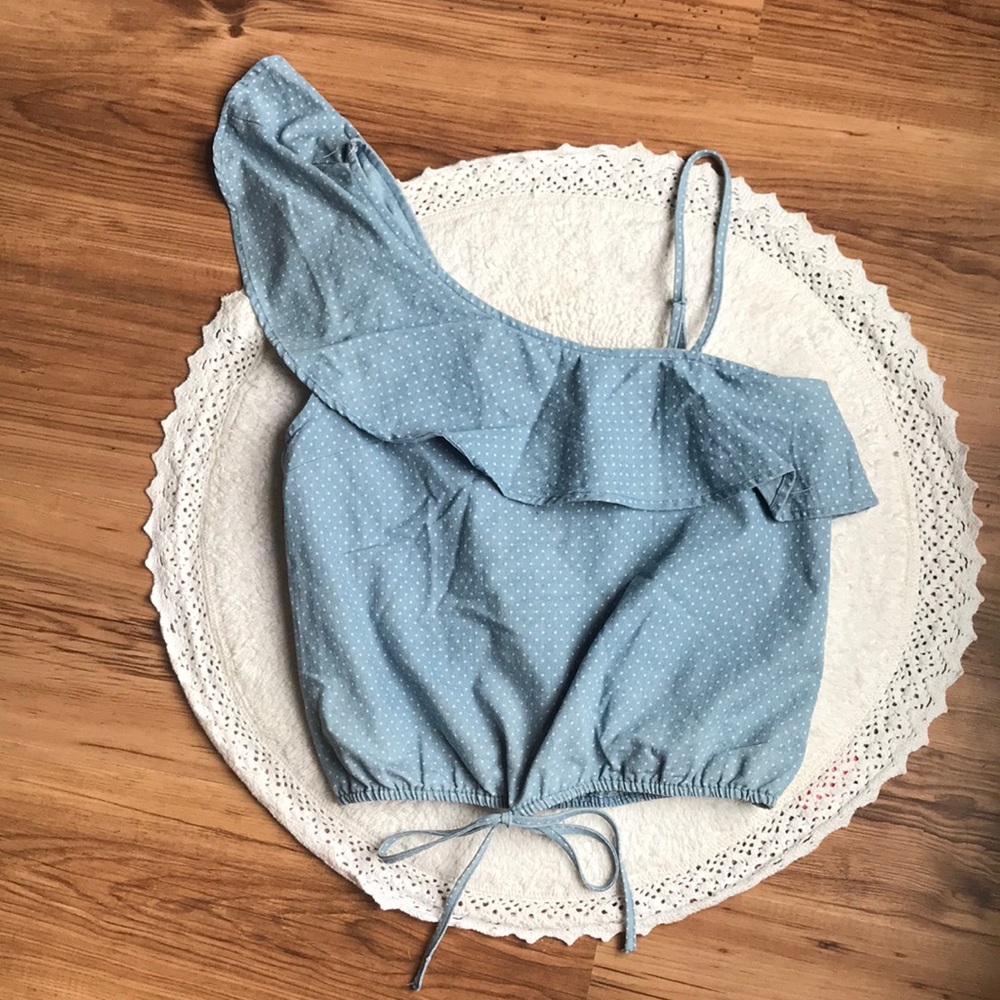 J.O.A. Chambray polka dot top
